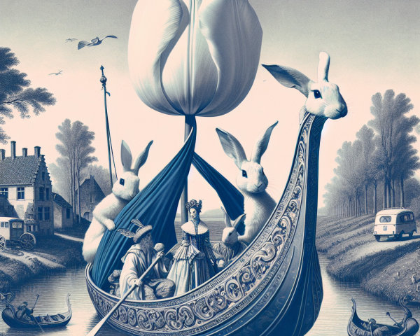 Rabbits in a Tulip Boat on a Serene Waterway Scene