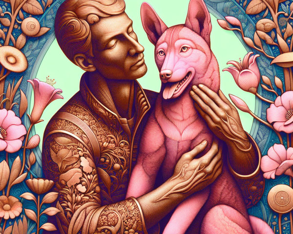 Illustration of a man with a pink dog in floral setting
