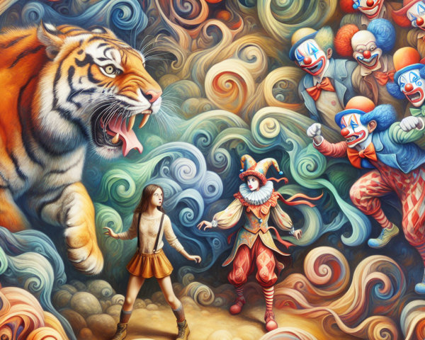 Surreal Artwork of Tiger, Girl, and Whimsical Clowns