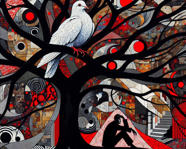 Abstract Landscape with Dove and Contemplative Figure
