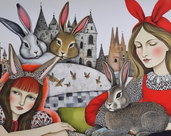 Whimsical Scene of Two Girls and Rabbits with Castles