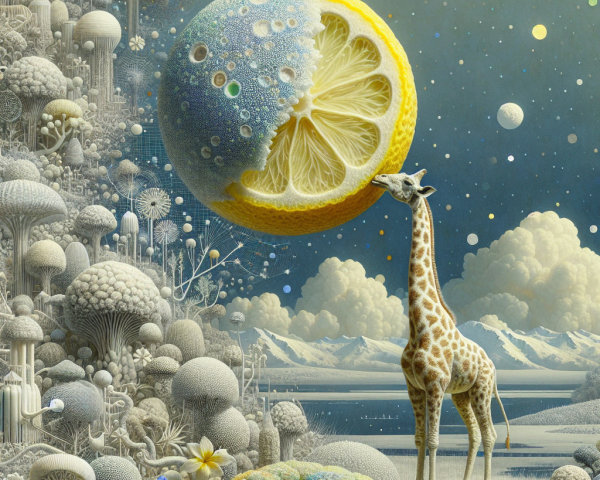 Surreal Digital Painting of Giraffe and Lemon Moon