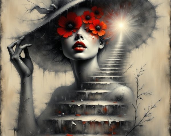 Portrait of a woman in a hat with red flowers
