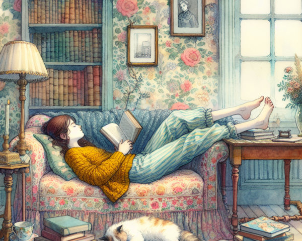Cozy Room with Woman Reading and Relaxing Cat