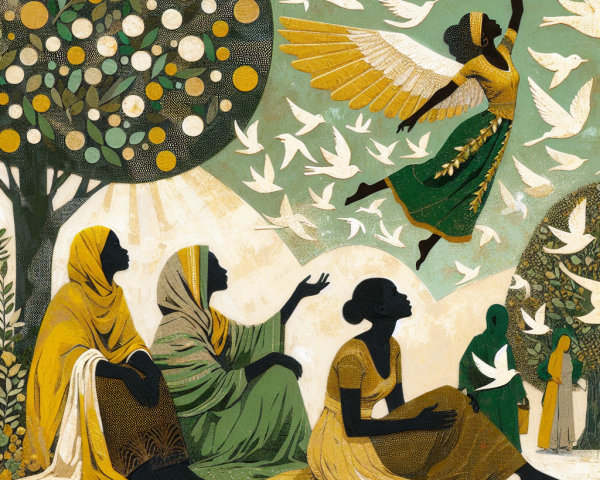 Vibrant Scene of Women with Wings and Doves
