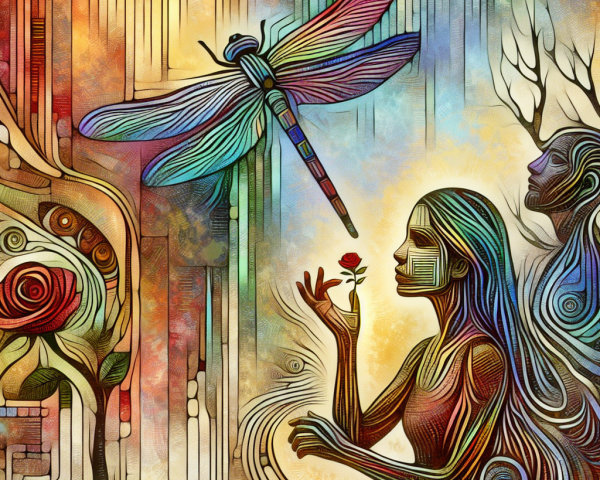 Vibrant Abstract Scene with Woman and Dragonfly