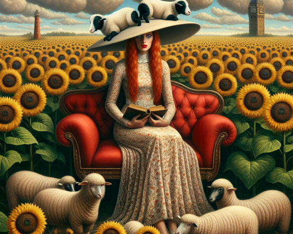 Surreal Landscape with Sunflowers and Red Couch Scene
