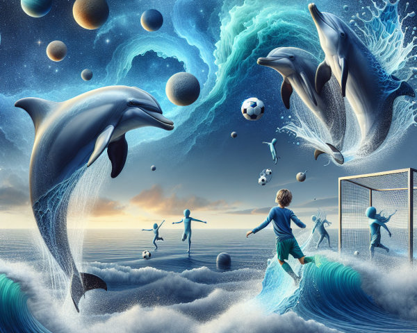 Dolphins and a Boy in a Cosmic Soccer Scene