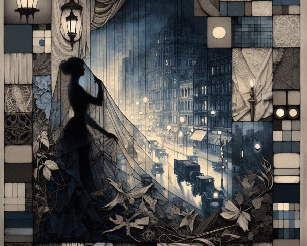 Silhouette of Woman with Veil in Vintage City Scene