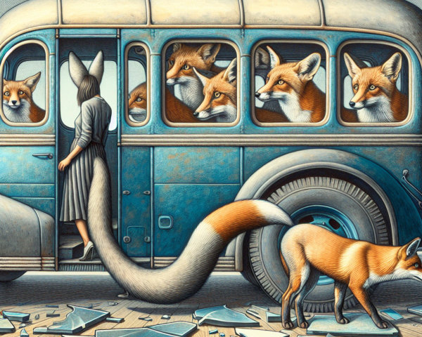 Vintage blue bus with foxes and glass shards