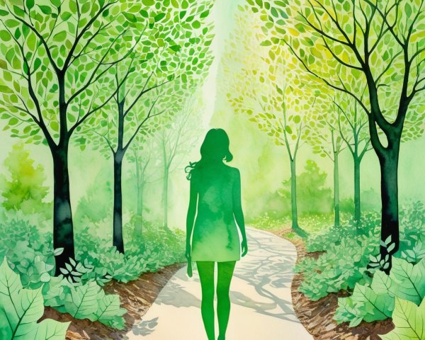 Serene Forest Path with Sunlit Foliage and Figure