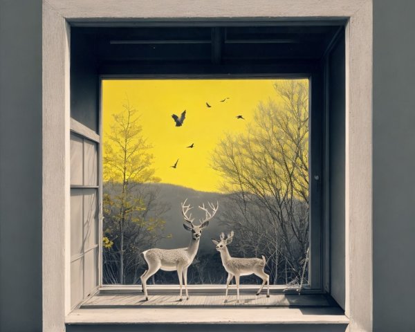 Window Frame View of Vibrant Landscape with Deer