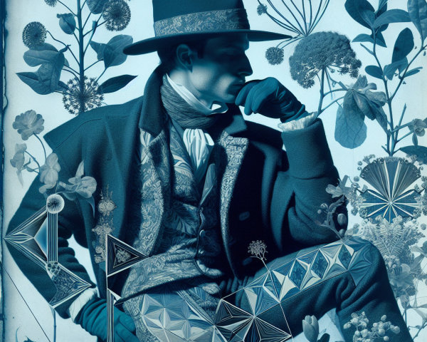 Cyanotype Portrait of Man in Blue Attire and Botanicals