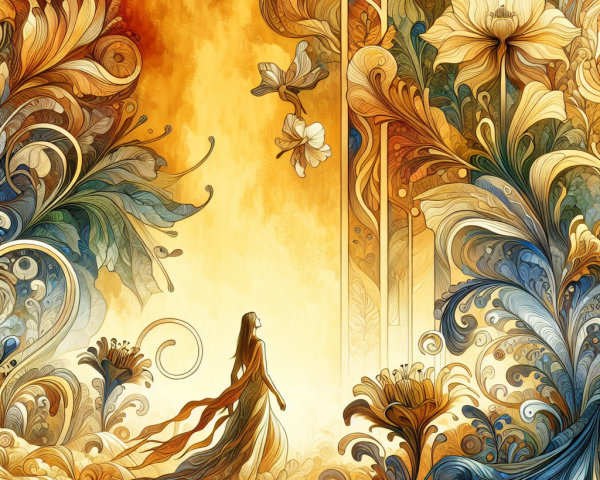 Whimsical Floral Scene with Graceful Figure