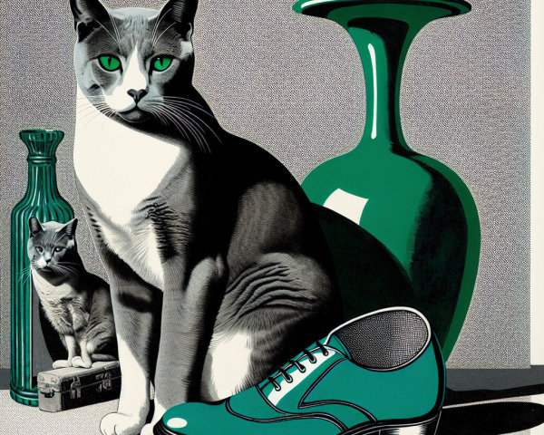 Illustration of Cats with Green Vase and Teal Shoe