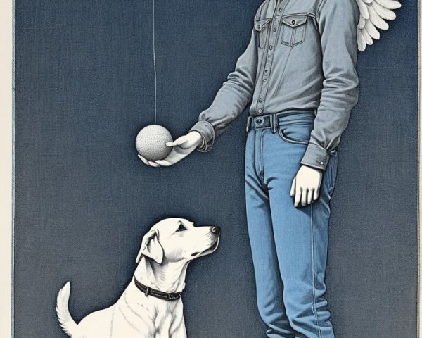 Young Boy with Wings and Labrador in Blue Tone
