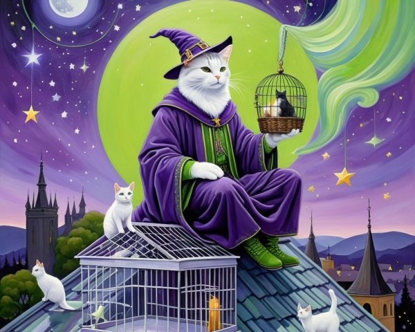 White Cat in Wizard Robe on Rooftop with Kittens