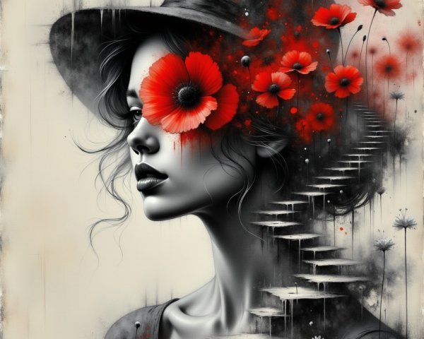 Black and white portrait of a woman with poppies