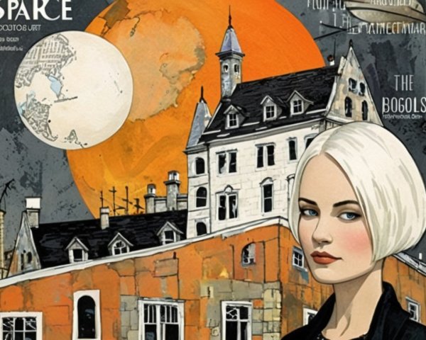Stylized Cover with Woman, Orange Moon, Cityscape