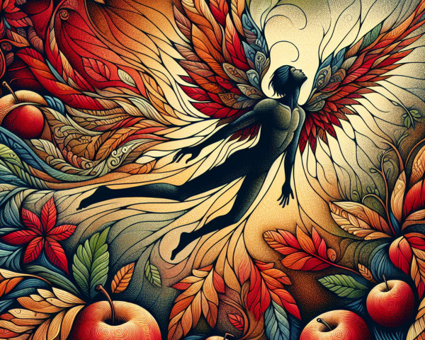 Silhouetted Figure with Feathered Wings in Nature Scene