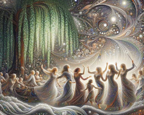 Ethereal Figures Dancing Under a Cosmic Willow Tree
