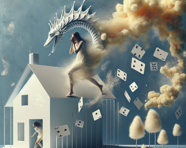 Surreal Scene of Woman, Dragon, and Floating Cards