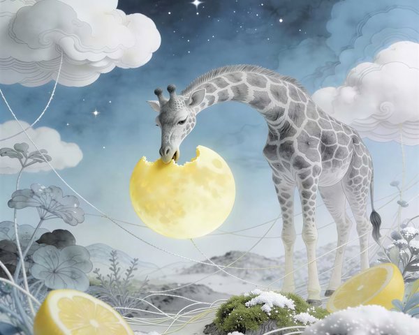 Whimsical White Giraffe Eating a Lemon Moon Illustration