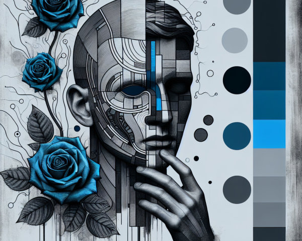 Half-Human, Half-Cybernetic Face with Blue Roses