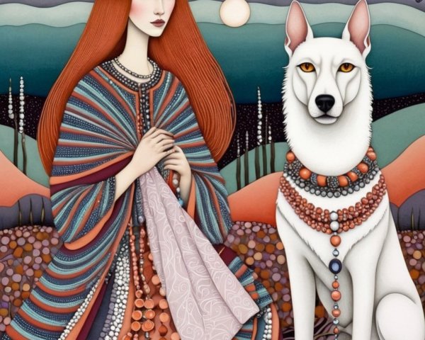 Woman with Red Hair and White Dog in Dreamlike Setting