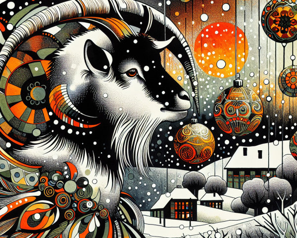 Whimsical Winter Scene with Stylized Goat and Sunset
