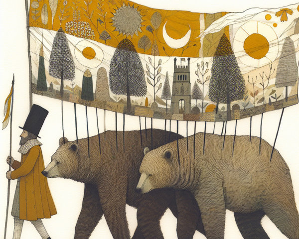 Whimsical Illustration of a Man and Two Bears