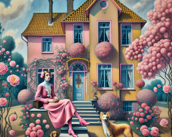 Pastel House with Charming Woman and Dogs in Garden