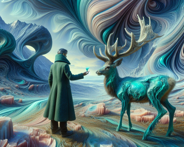 Surreal Landscape with Figure, Deer, and Butterfly