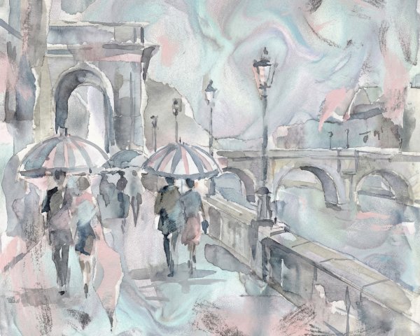 Impressionistic Watercolor of Rainy Day Walkers