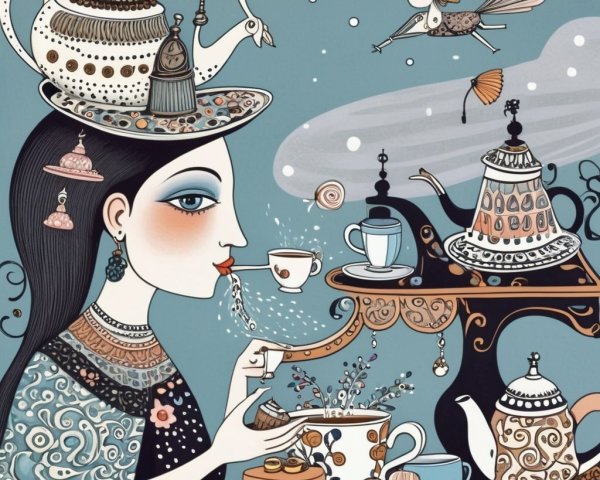Whimsical Illustration of Woman with Teapot and Tea