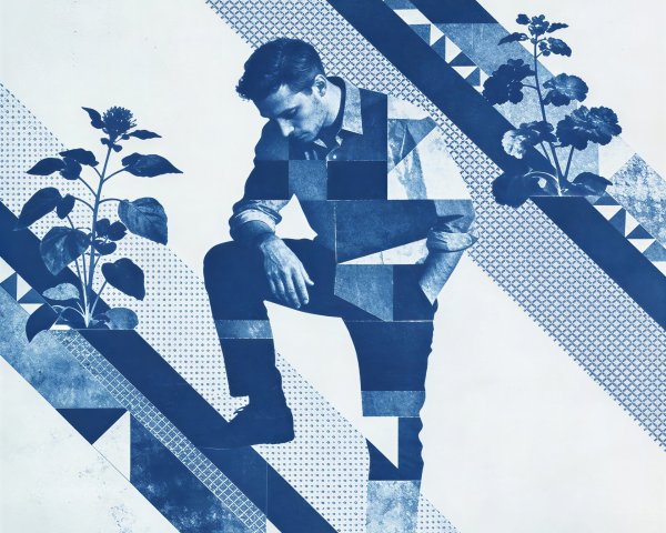 Cyanotype Illustration of a Man with Green Sprouts