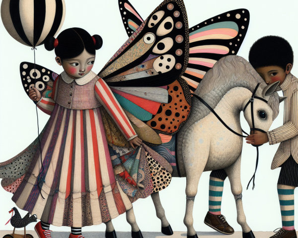 Whimsical Illustration of Children and Playful Elements