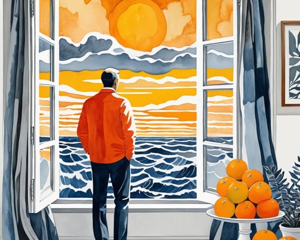 Man Gazing at Sunset Over Ocean with Oranges Nearby