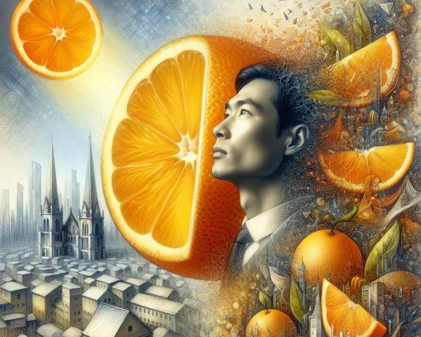 Surreal Urban Scene with Giant Orange and Sunlight