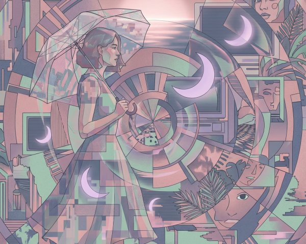 Surreal Glitch Art of Woman in Dreamlike Landscape