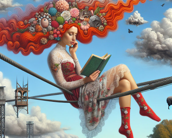 Woman on tightrope reading in a surreal sky setting