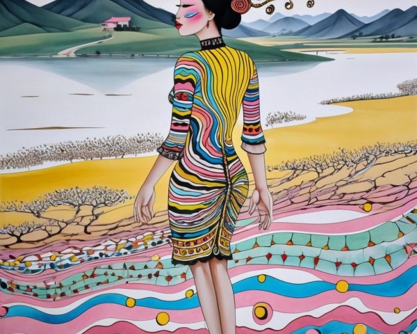 Graceful Figure by Tranquil Water in Vibrant Dress