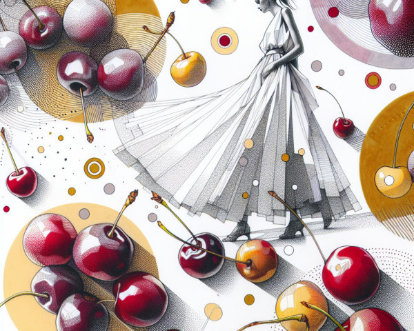 Artistic Illustration of Figure in White Dress and Cherries