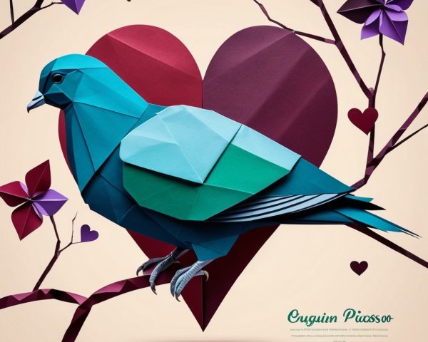 Geometric Paper Art of Bird with Heart and Blossoms