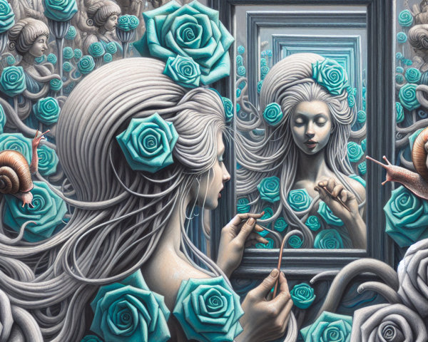 Surreal Scene of Woman with Turquoise Roses and Snails