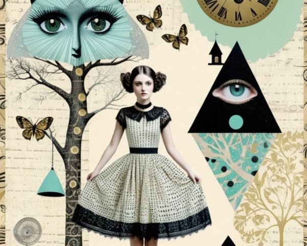 Whimsical Collage with Vintage Girl and Abstract Elements