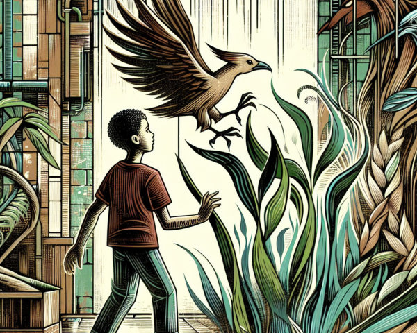 Young Boy Observing Bird in Lush Green Environment