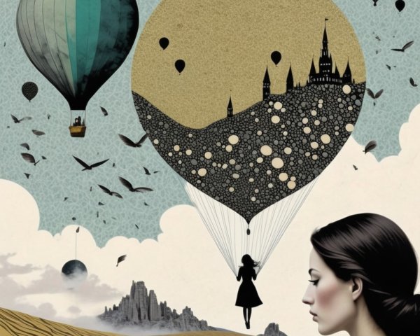 Surreal Landscape with Hot Air Balloons and Mountains
