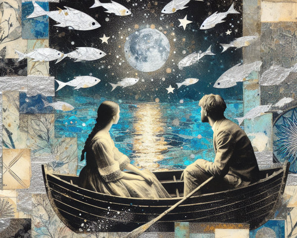 Couple in Rowboat Under Full Moon on Tranquil Lake