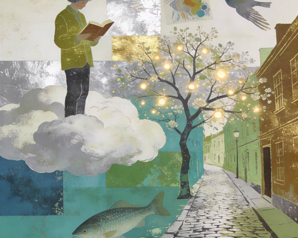 Surrealistic Illustration of a Man Reading on a Cloud